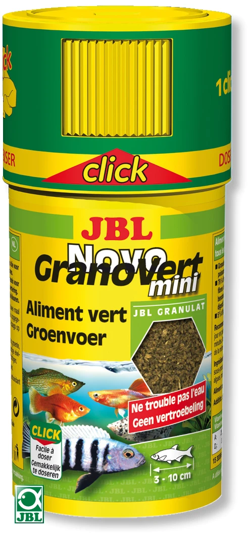 JBL NovoGranoVert Mini Click 100 Ml Granulés Pour Petits Poissons D'aquarium Herbivores Avec Doseur 3 JBL NovoGranoVert Mini Click 100 Ml Granulés Pour Petits Poissons D'aquarium Herbivores Avec Doseur